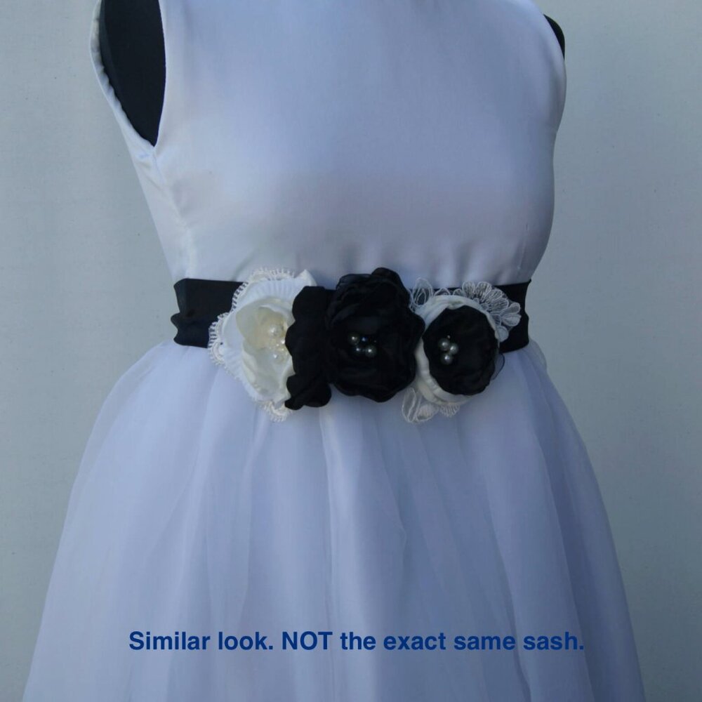 Bridal Sash - Black Satin w/Cream & Navy Flowers
